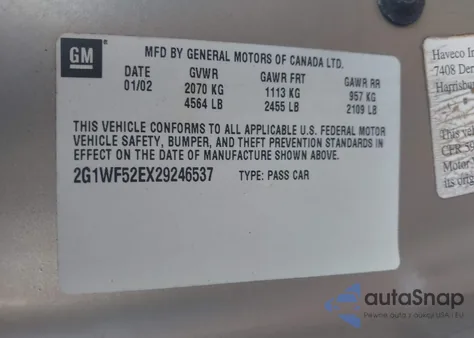 2002 Chevrolet Impala из США, поврежденный, VIN 2G1WF52EX29246537